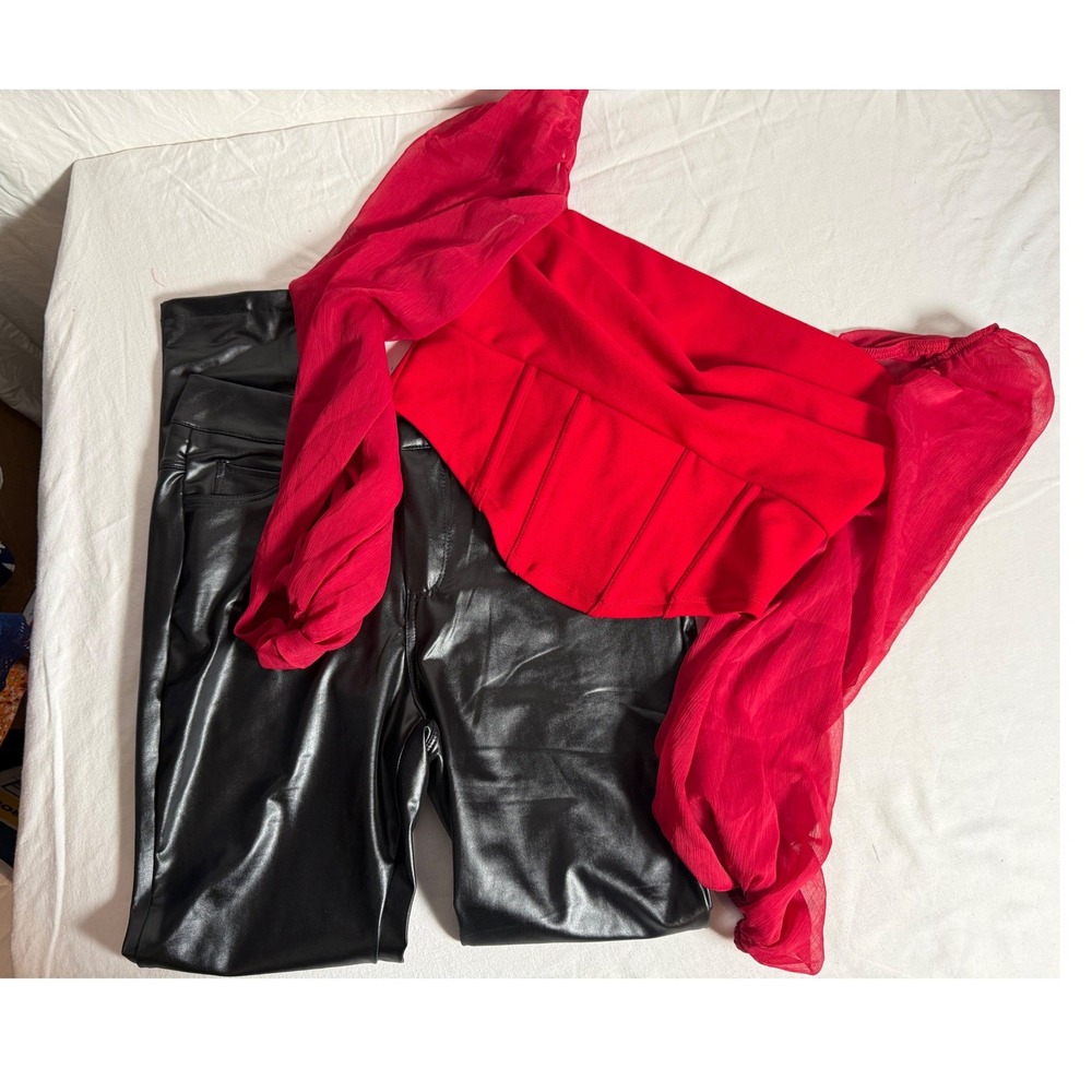 Red Corset Top‎ size 6 with Sheer Sleeves and Black Faux Leather Pants